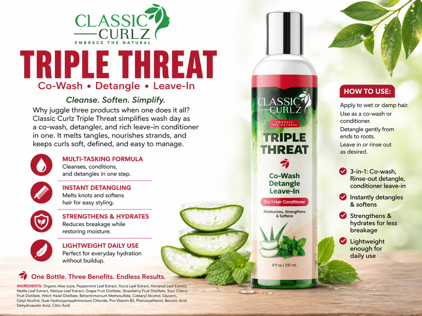 Classic Curlz Triple Threat — 3 in 1 Conditioner for Slip Moisture and Detangling 8 fl oz