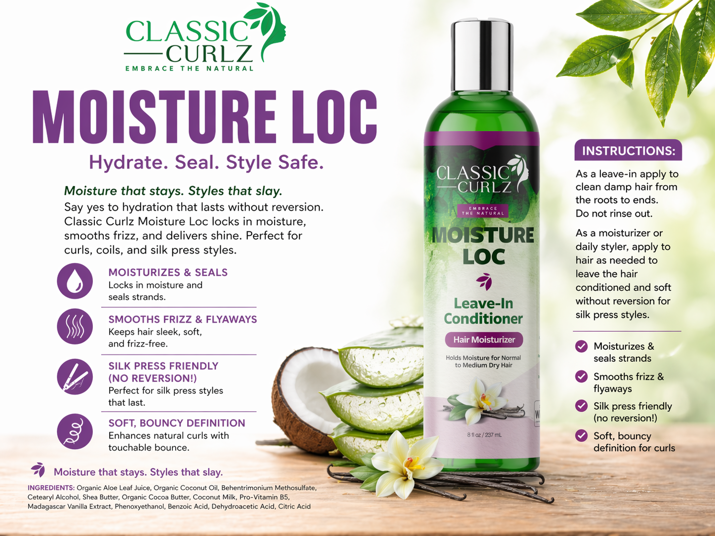 Classic Curlz Moisture Loc — Creamy Leave In Conditioner for Natural Hair 8 fl oz