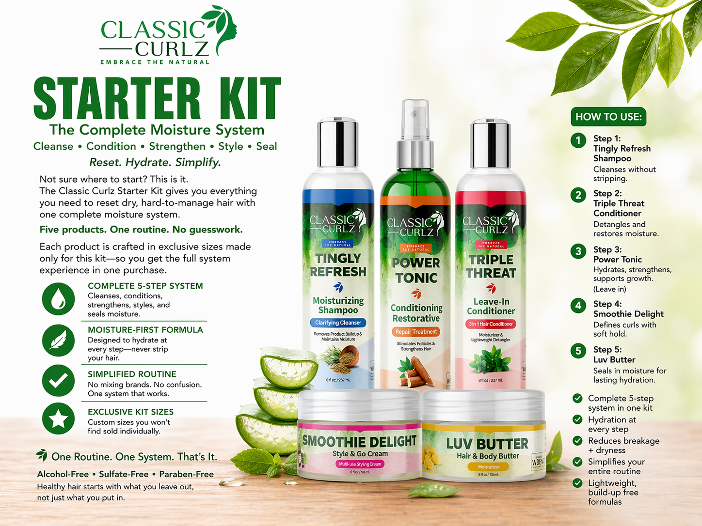 Classic Curlz Starter Kit — Complete Aloe Based Moisture System 5 Products