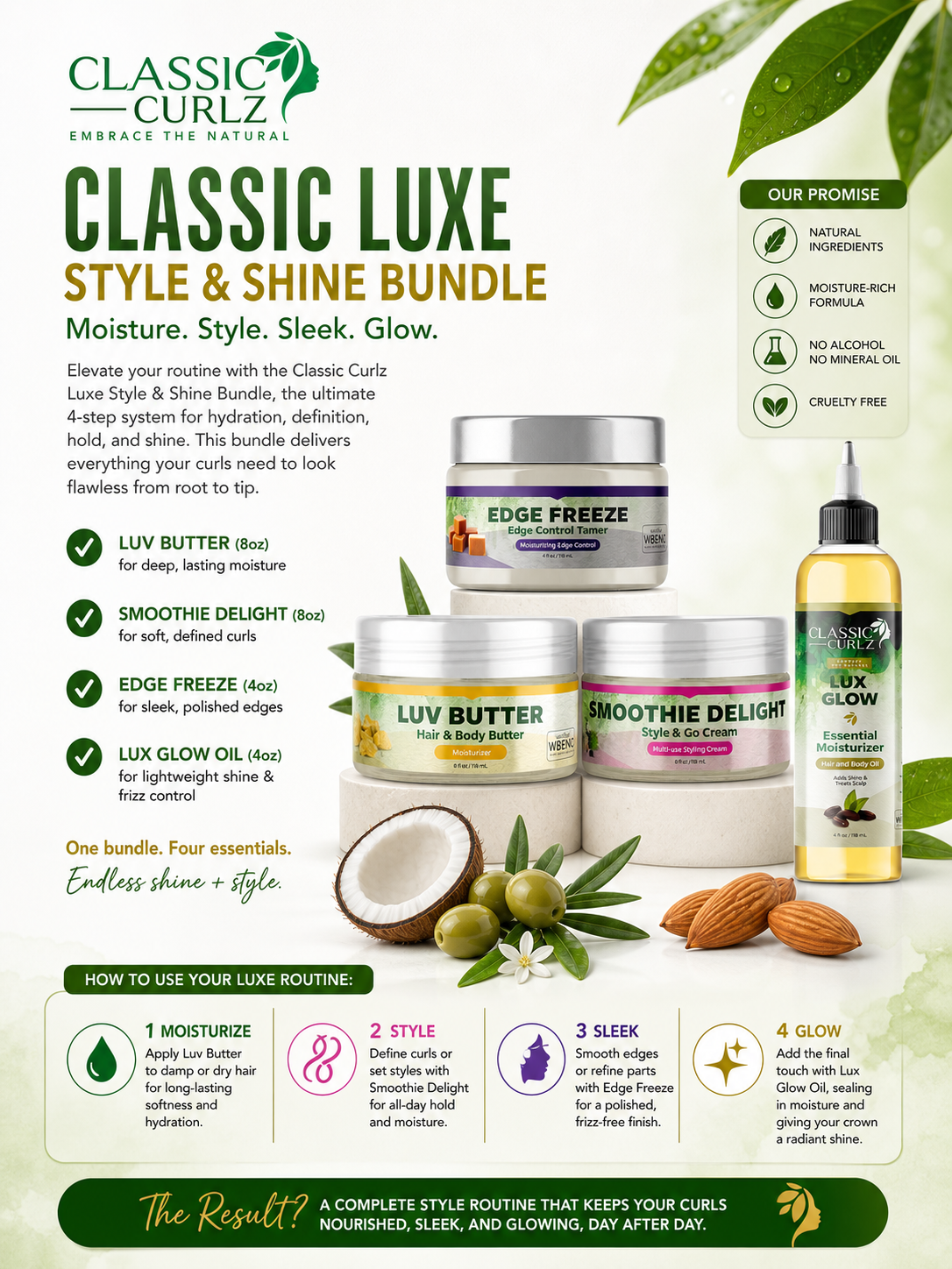 Classic Curlz Luxe Style and Shine Bundle — Style, Seal, and Glow 4 Full Size Products