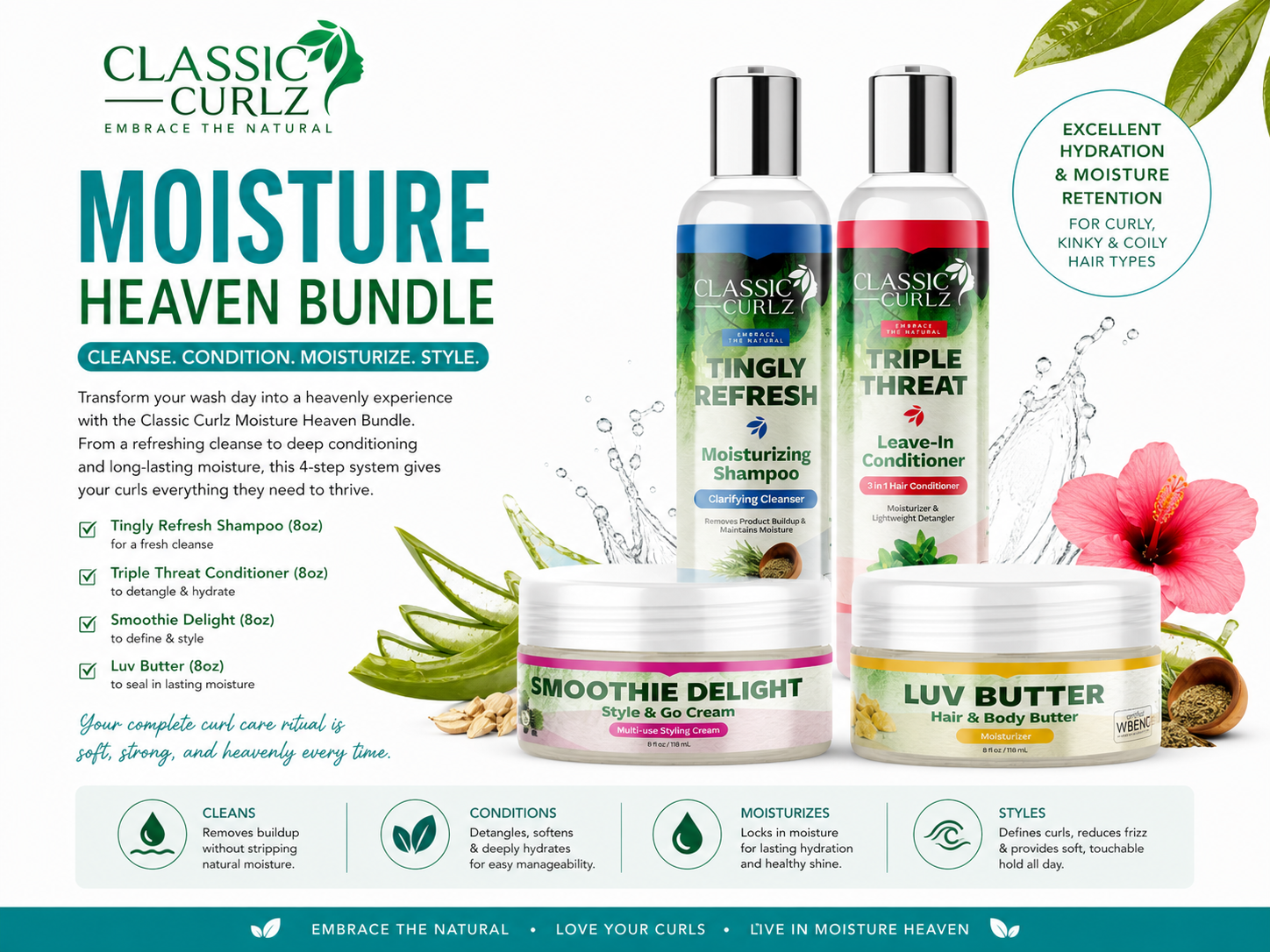 Classic Curlz Moisture Heaven Bundle — Complete Wash Day Routine 4 Full Size Products