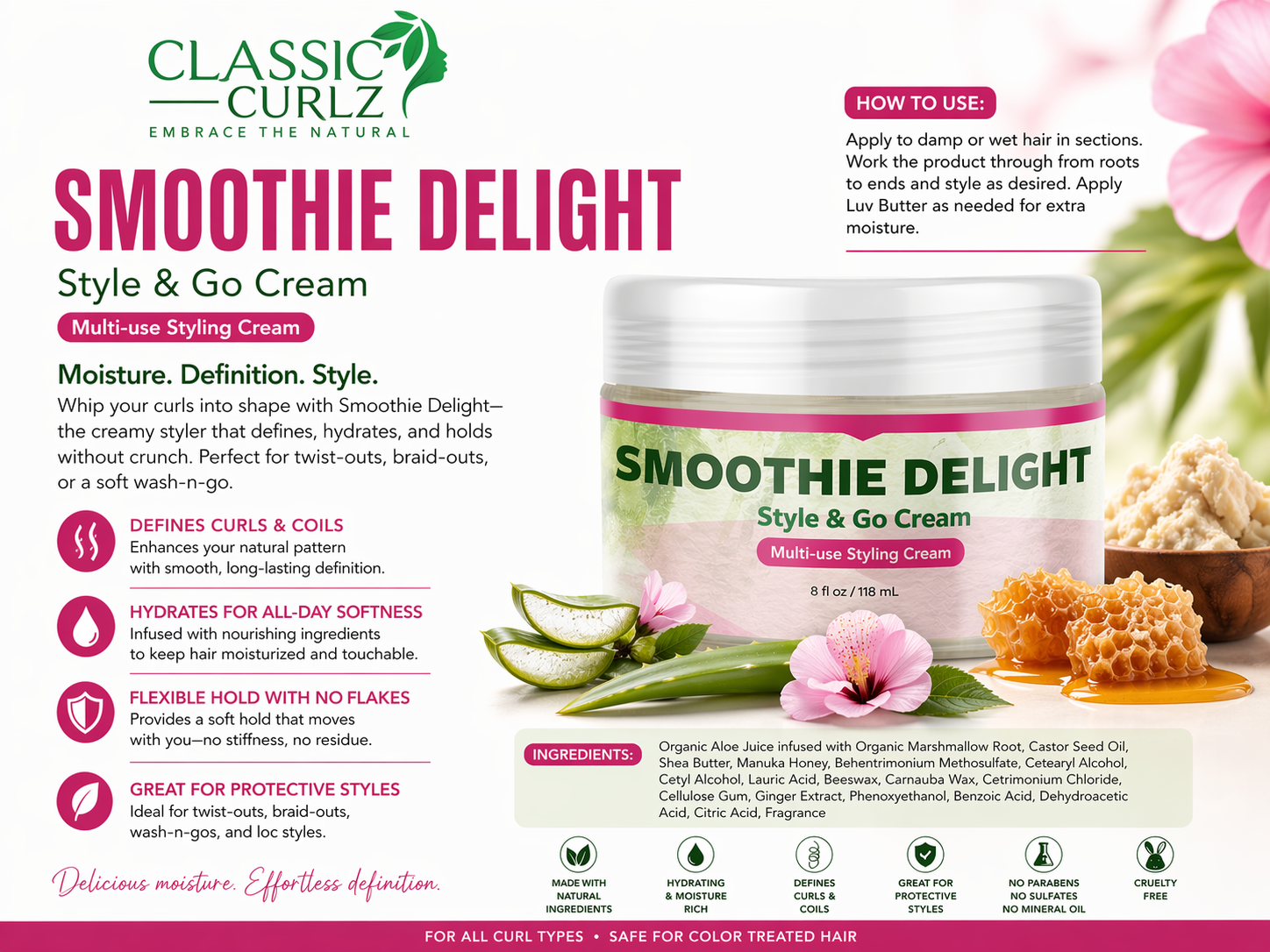 Classic Curlz Smoothie Delight Ingredient display with product usage and benefits