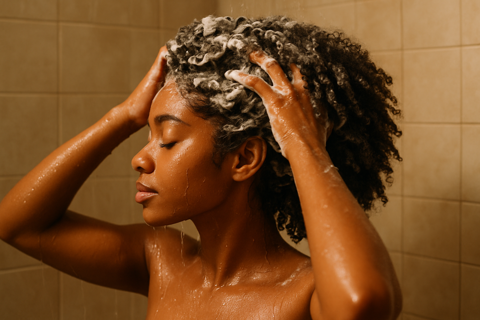 young African American women with curly hair washing her hair
